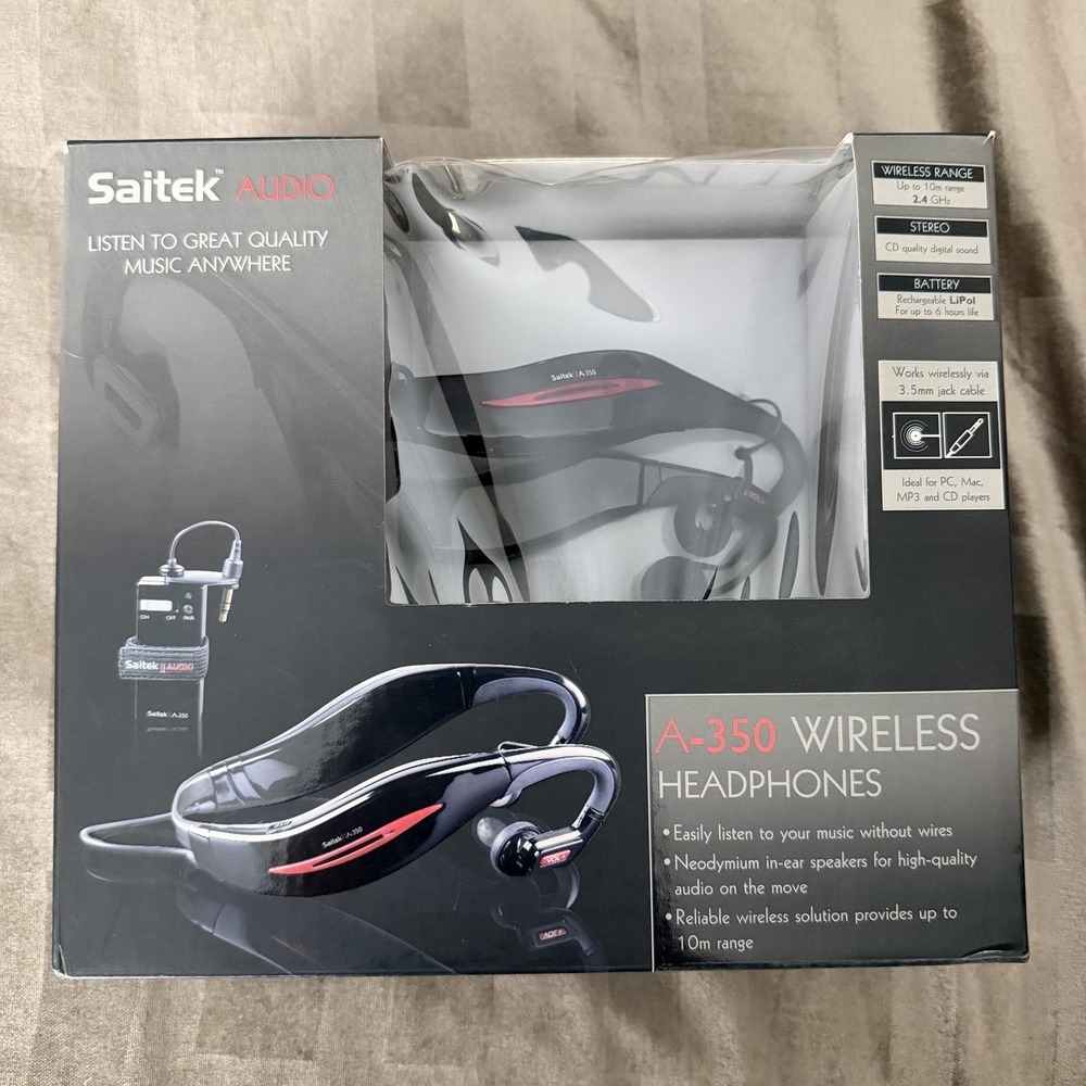 Saitek A-350 Wireless Neckband Headphones Black RF 3.5mm Charger Case Set